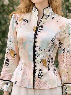 JS Collections Petite Silk Beaded Mandarin Collar Jacket Pastel Floral Womens 4P